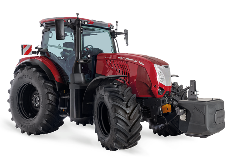 Red and black tractor with large tires and enclosed cabin on a plain background.