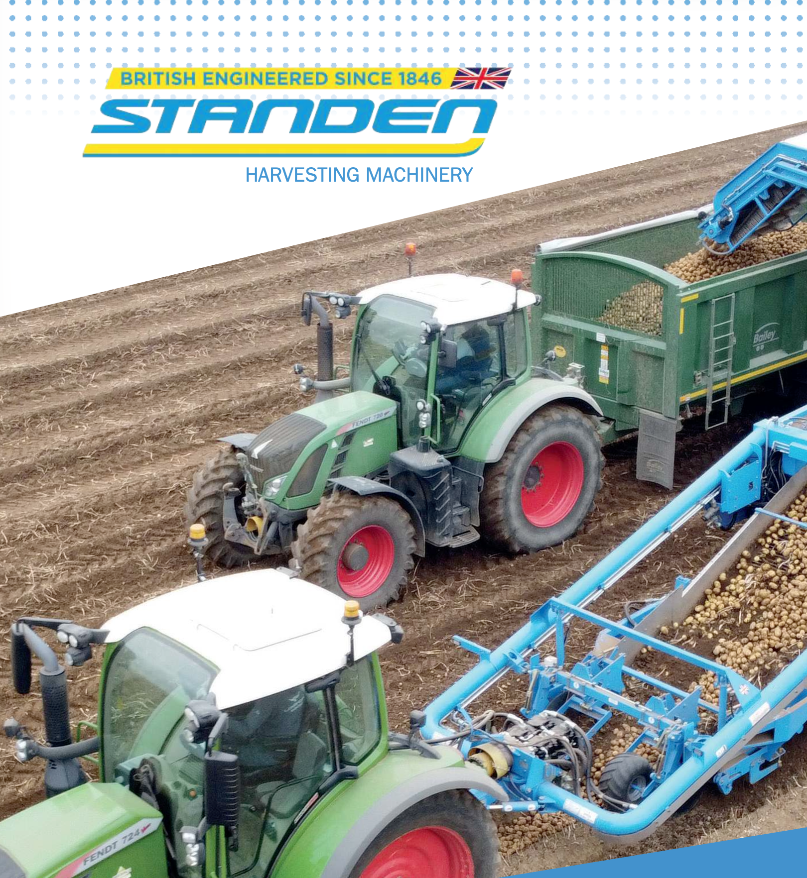 Green tractor with red wheels working in a field, harvesting potatoes with a blue potato harvester.