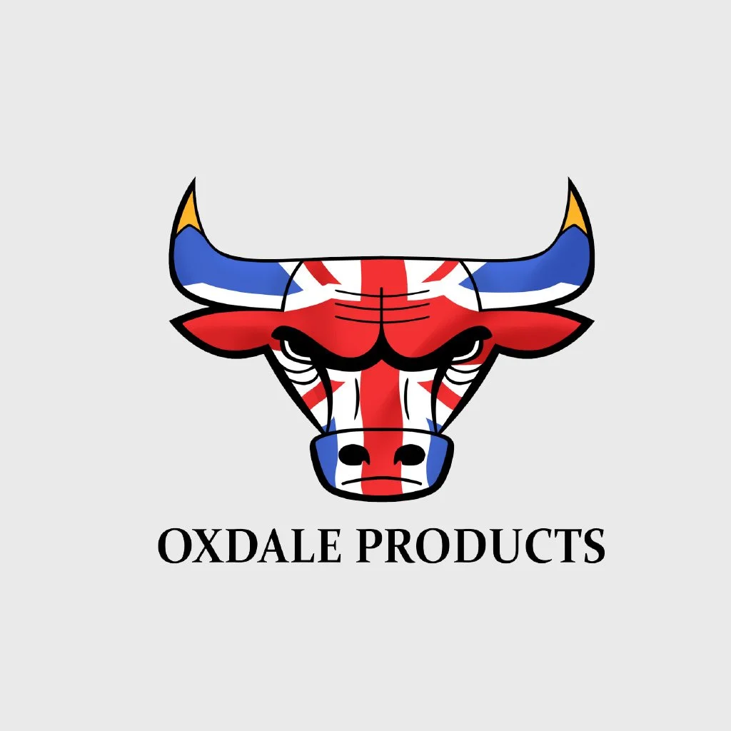 Logo of a bull's head with the British flag pattern, and text 'OXDALE PRODUCTS' below.