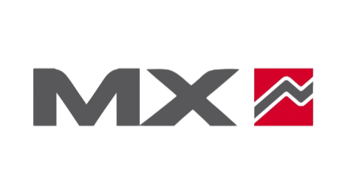 MX logo with black text and red graphic element.