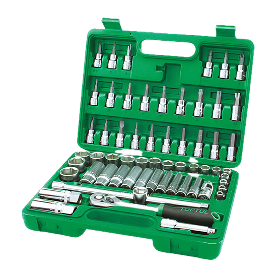 Green toolbox containing a set of sockets, ratchet wrench, extensions, and accessories.
