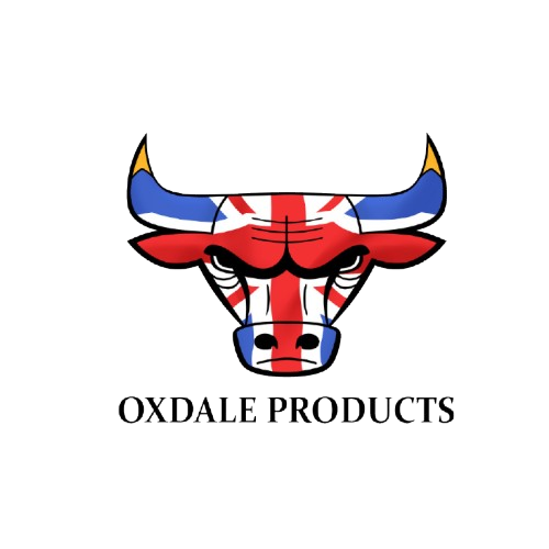 Logo of a bull's head with a design resembling the Union Jack flag, above the text 'OxDale Products'.