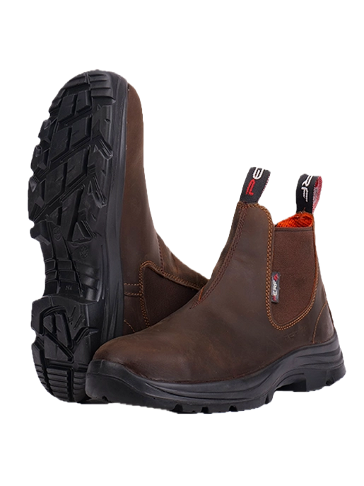 Pair of brown leather work boots with black soles, one boot is upright, the other tilted to show the tread.