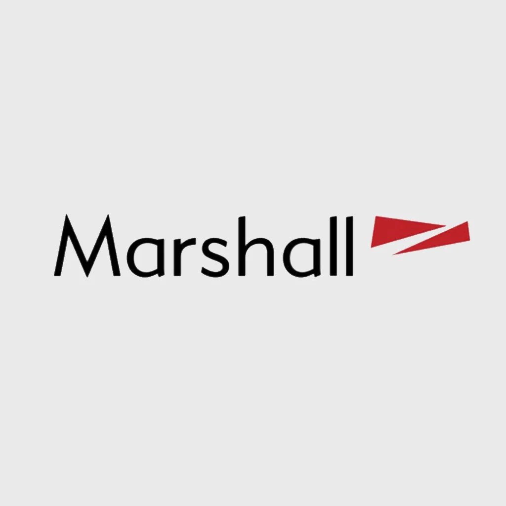 Marshall logo with black text and red stylized flags on a light background.
