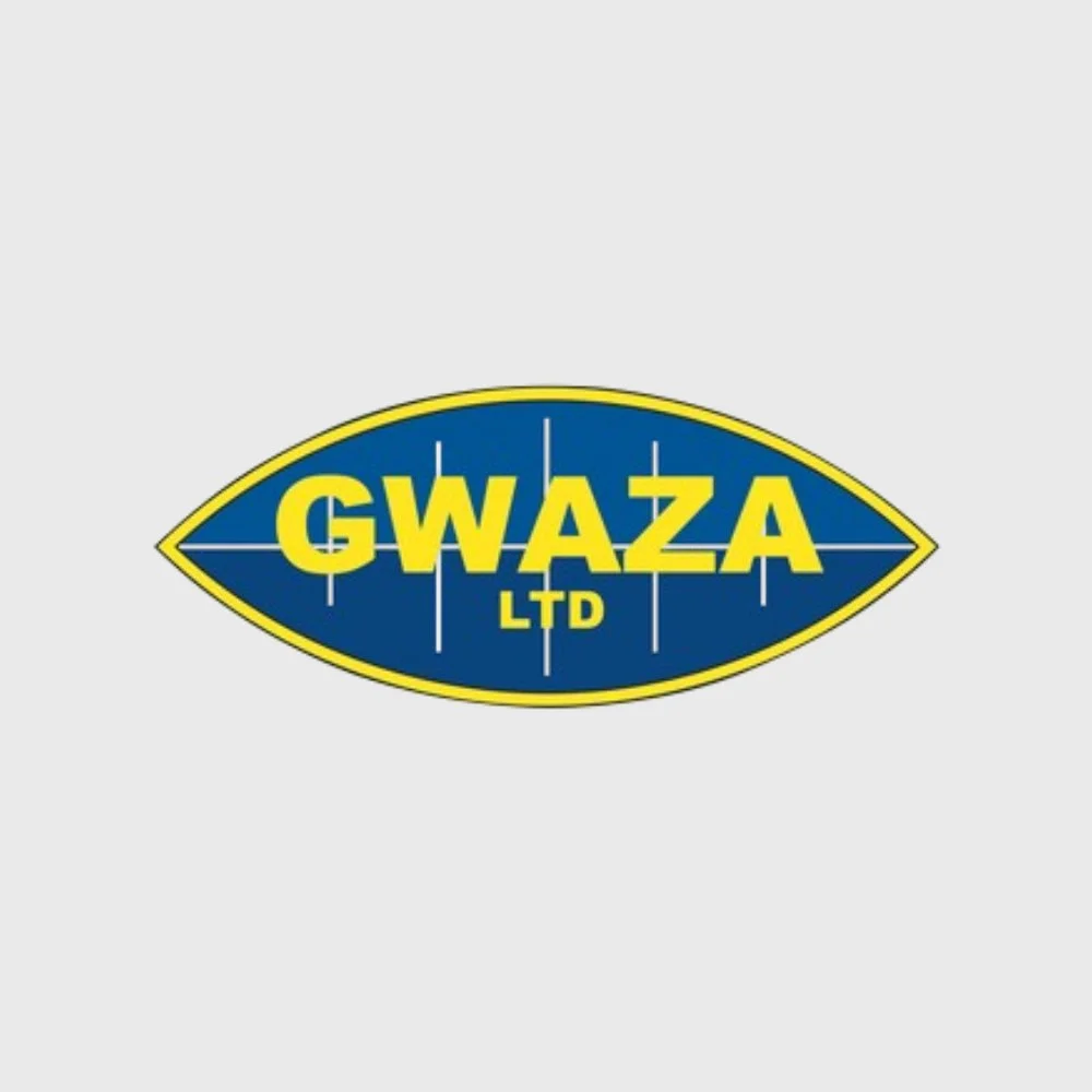 Gwazi LTD logo with blue background, yellow text, and yellow border in a leaf shape