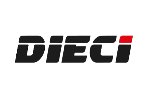 The word "DIECI" in bold black letters with a red accent on the top right corner of the letter I, on a black background.