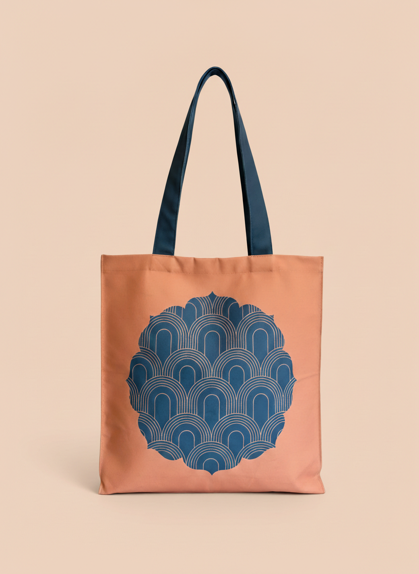 Front look of the Bombay Deco Studio Tote, high quality precision digital printing on cotton. Made in the UK.