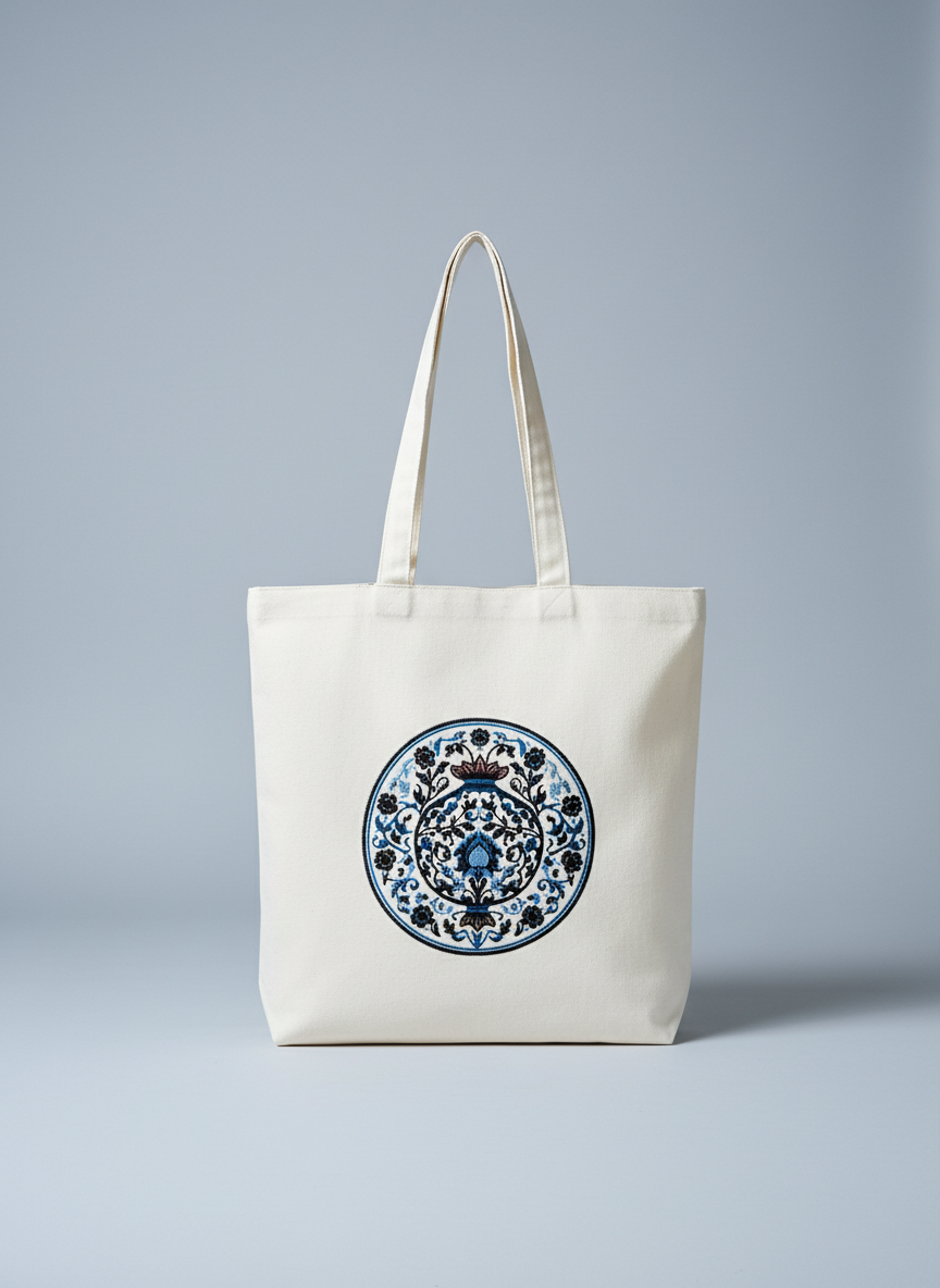 Blu Pietra embroidered shopper tote bag in natural cotton, front view