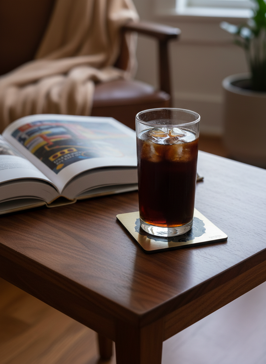 Bombay Deco coaster in use with a glass of iced drink. Durable Art Deco coaster design printed on brushed aluminium.
