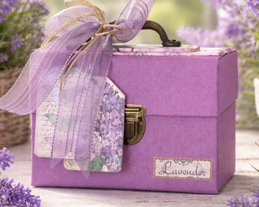 Cajonera maletín artesanal color lavanda con pomos decorativos, tags colgantes y detalles delicados de inspiración romántica. 