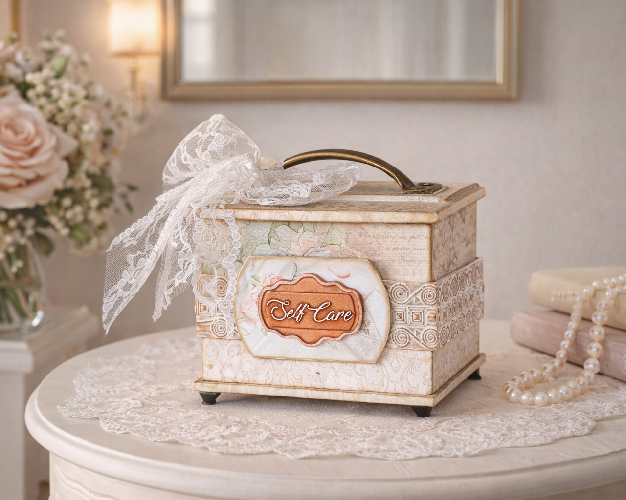 Caja apilable artesanal “Self Care” de dos niveles, diseñada para organizar y conservar pequeños objetos personales, accesorios o detalles de autocuidado con un estilo elegante.