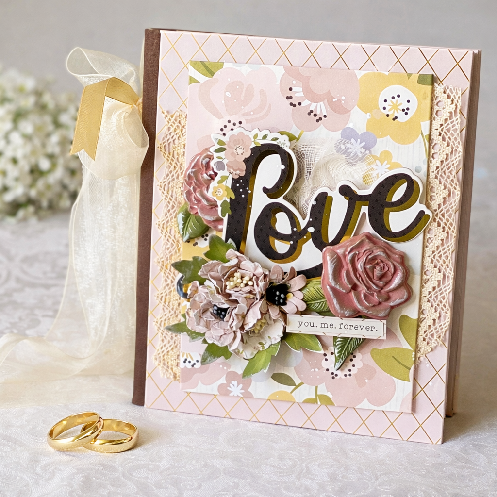 Álbum artesanal Sí Quiero, creado a mano con detalles románticos, texturas elegantes y espacio para conservar fotografías y recuerdos especiales.