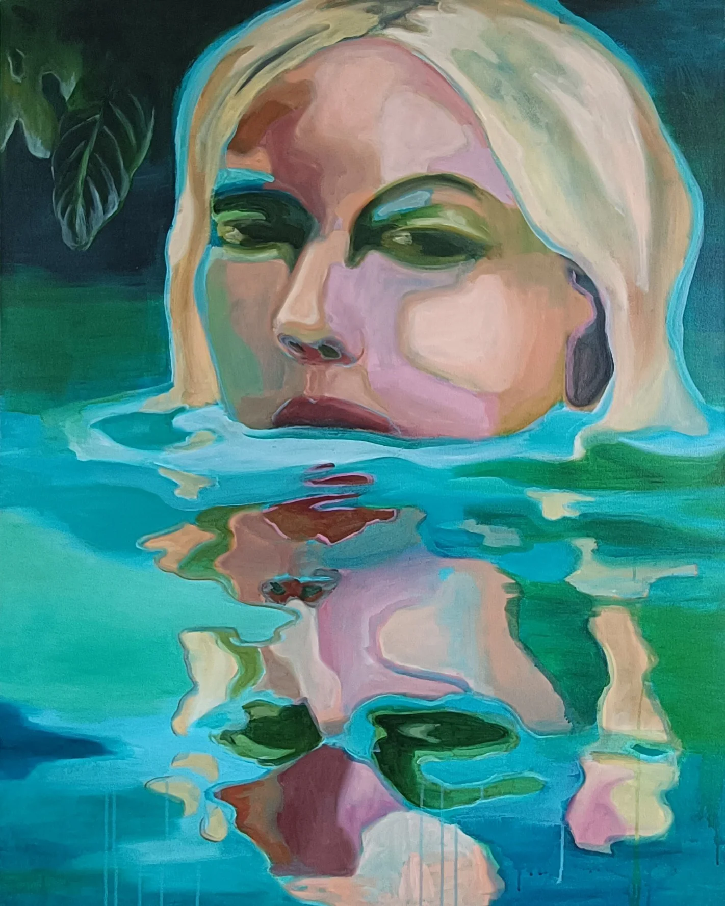 An abstract painting of a blonde woman with green eye makeup, partially submerged in water with her face mirrored in the water.