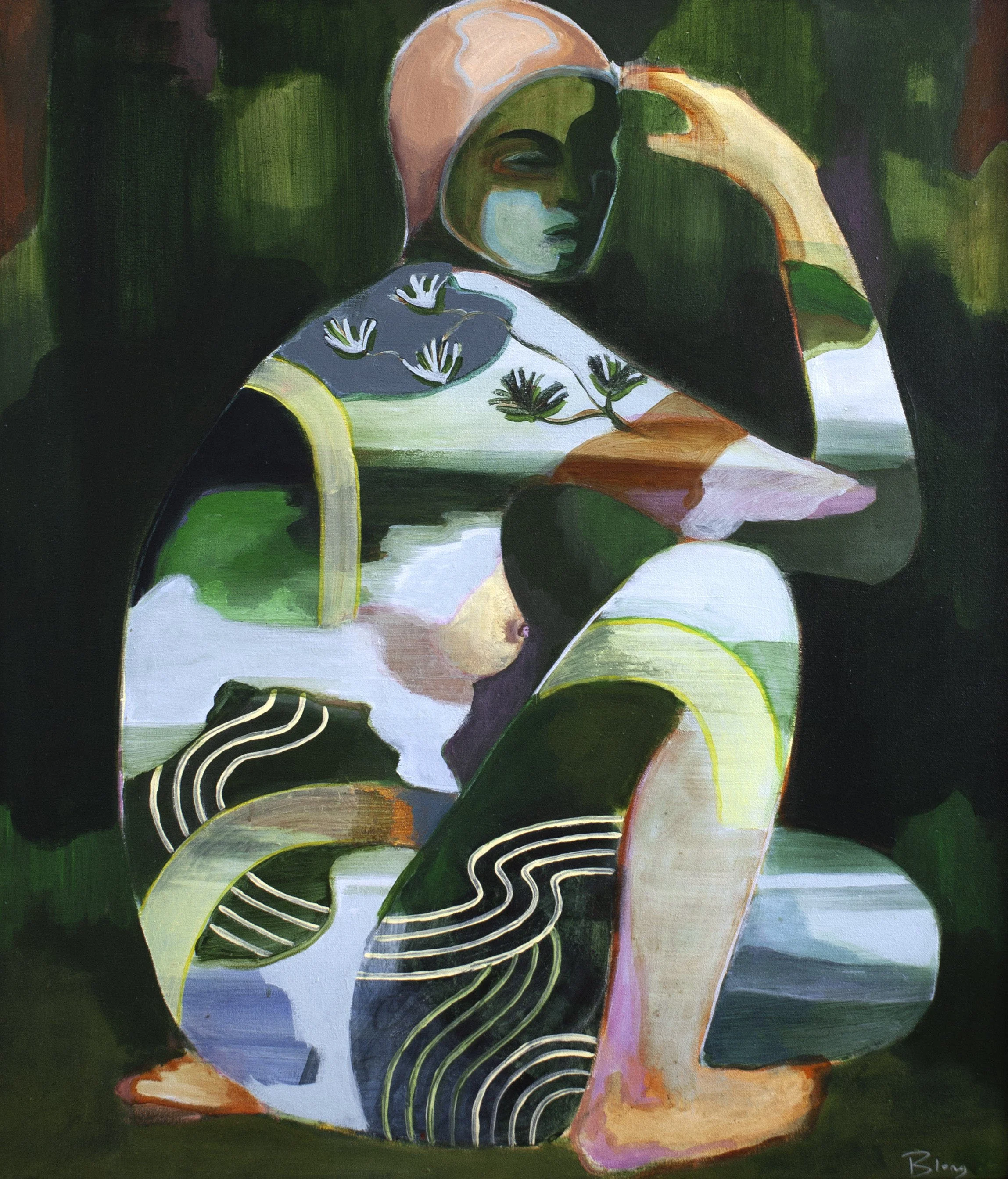 An abstract painting of a woman with a contemplative expression, resting her head on her hand. The artwork features bold, vibrant colors with a combination of dark and light shades and distinctive line work.