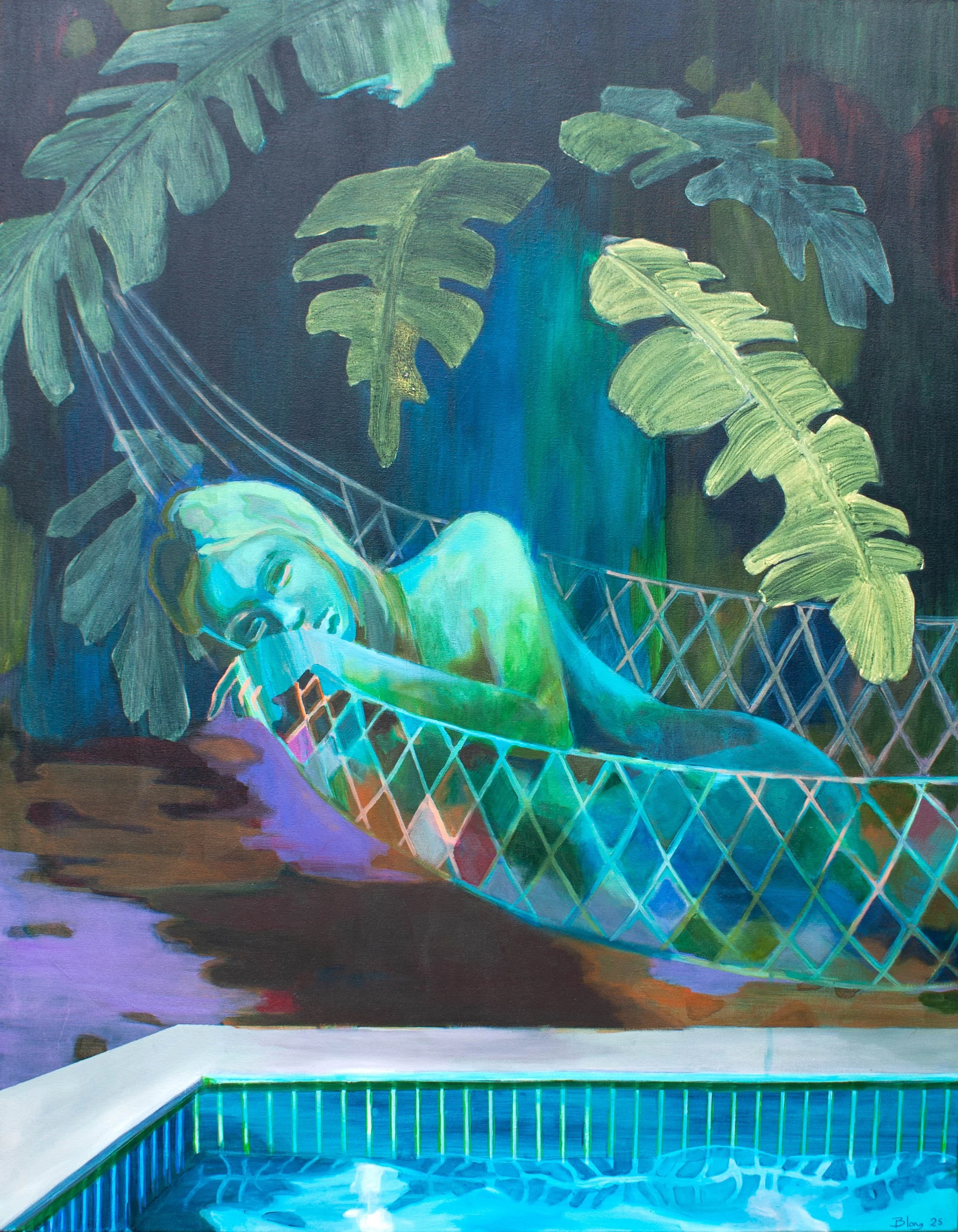 painting of a swimming pool with a tiled edge, with a background of large green leaves on a dark background.