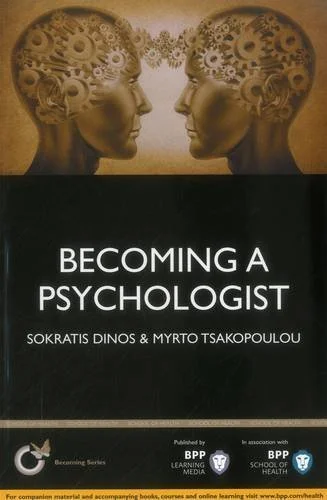 Book cover titled 'Becoming a Psychologist' by Sokrateis Dinos & Myrto Tsakopoulou, featuring two human heads with gears and mechanical parts in a symmetrical design facing each other.