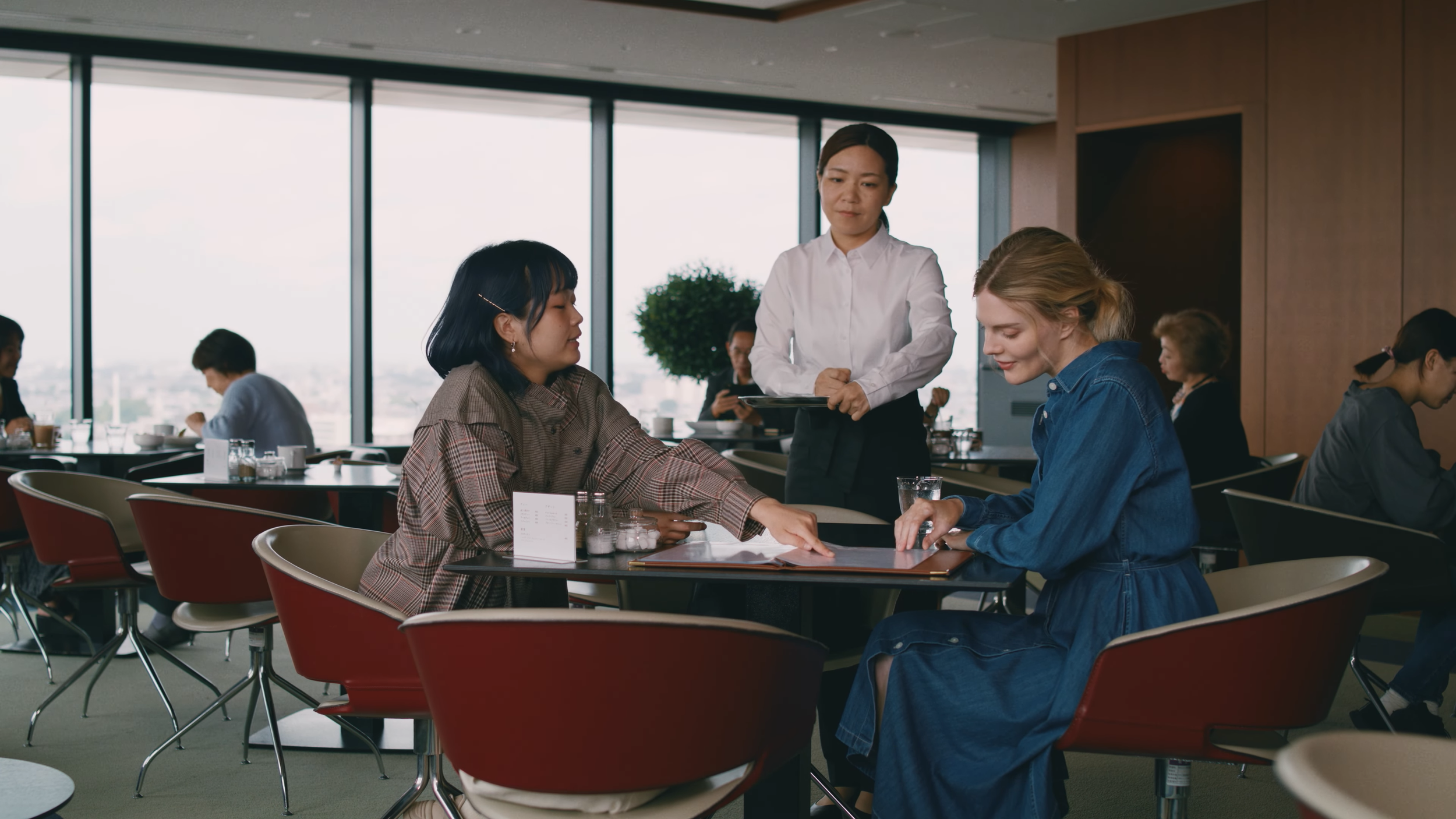 レストランの店内で注文を待つ女性客と店員