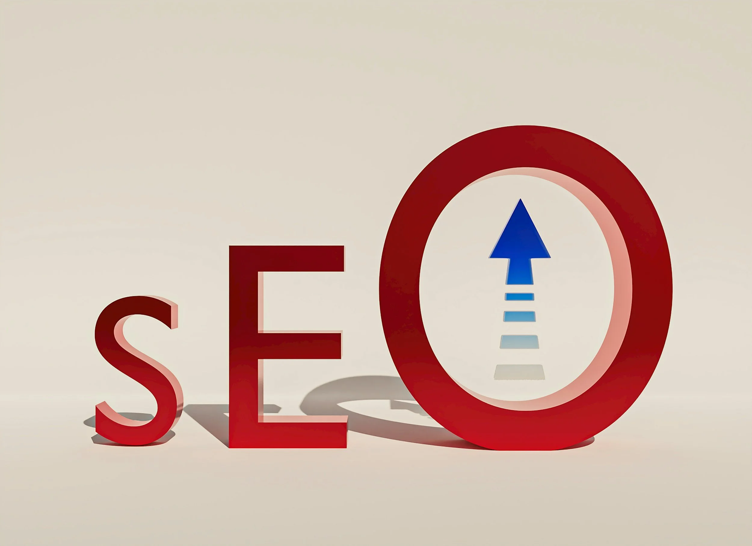 The word 'SEO' spelled out in large 3D red letters with a circular sign incorporating a blue upward arrow, symbolizing search engine optimization and upward growth.