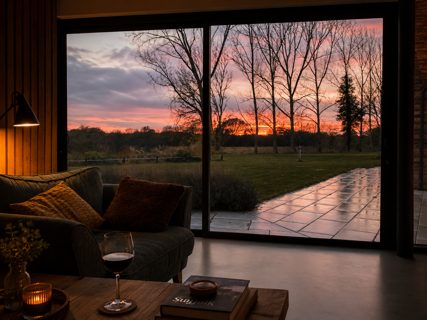 A comfortable armchair inside a modern barn conversion, positioned next to a large glass window overlooking a peaceful nature landscape
