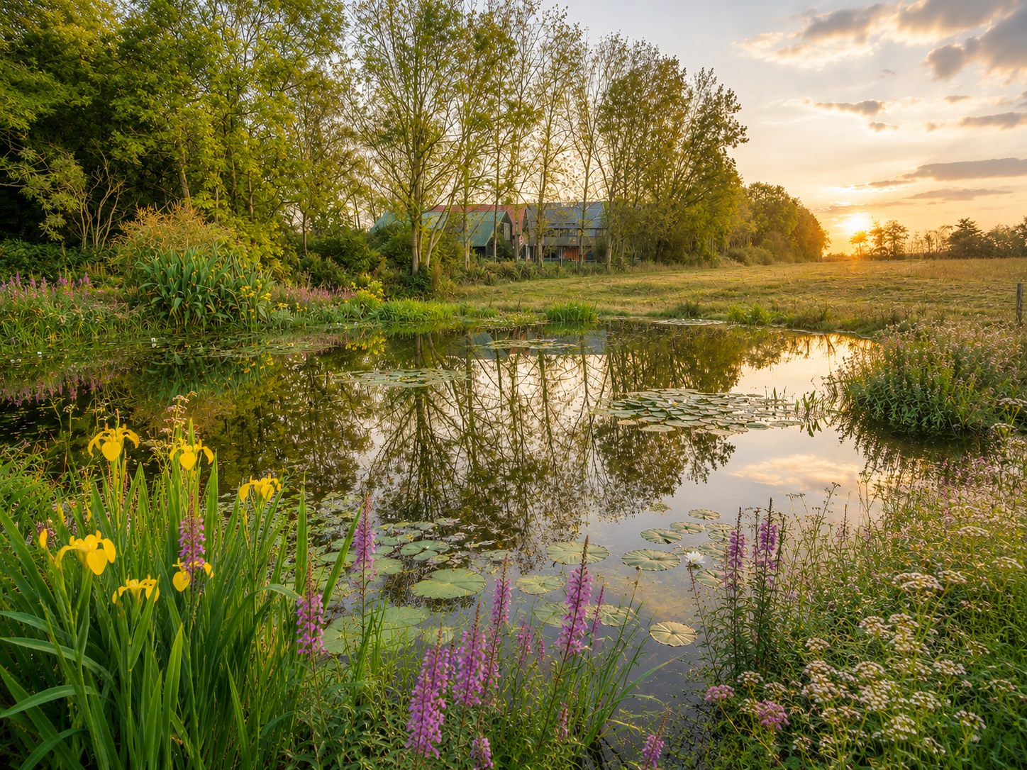 A peaceful pond surrounded by colorful flowers and lush green trees during sunset.