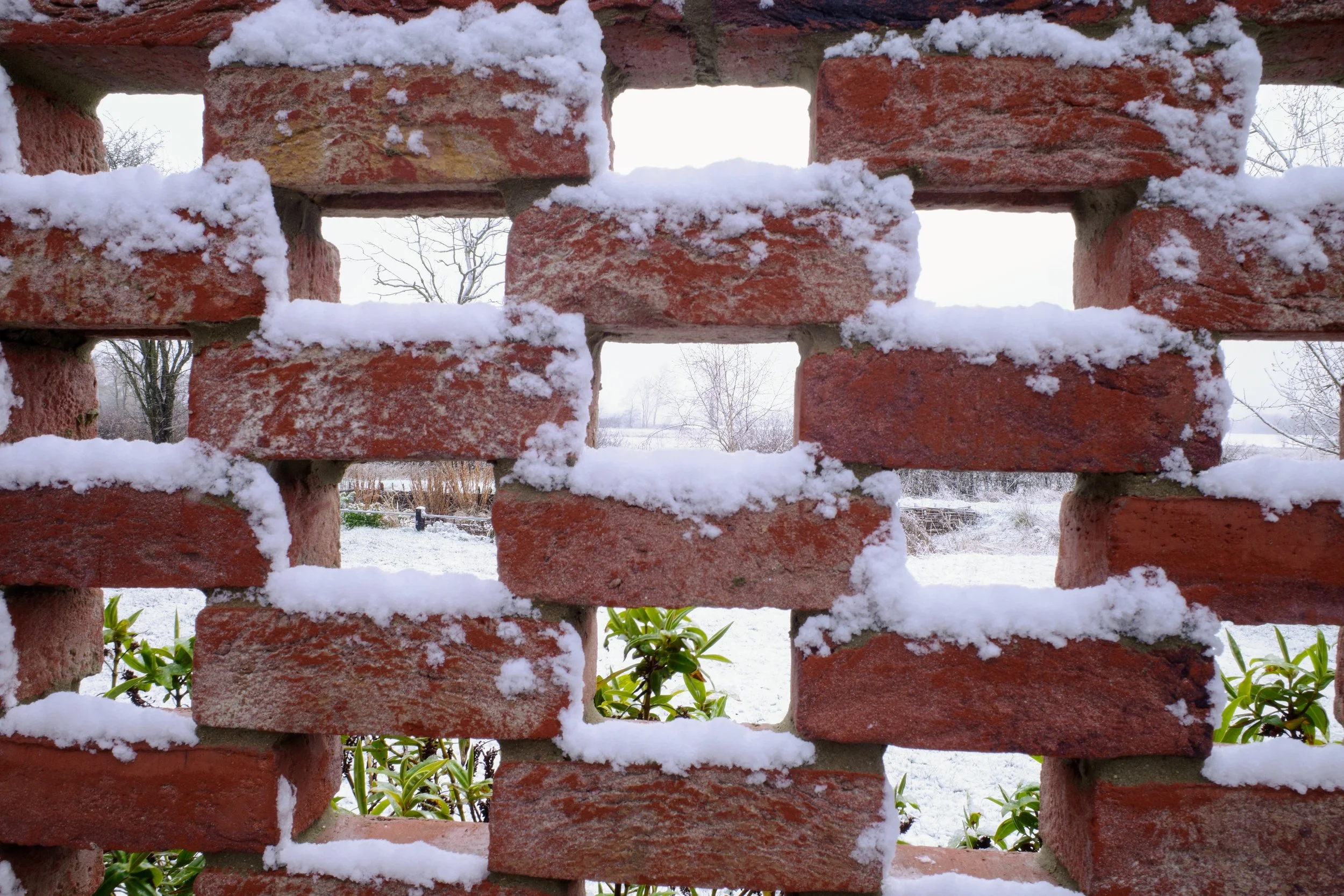 Close-up of a brick wall with snow on it, revealing a snowy landscape with trees and plants through the gaps.