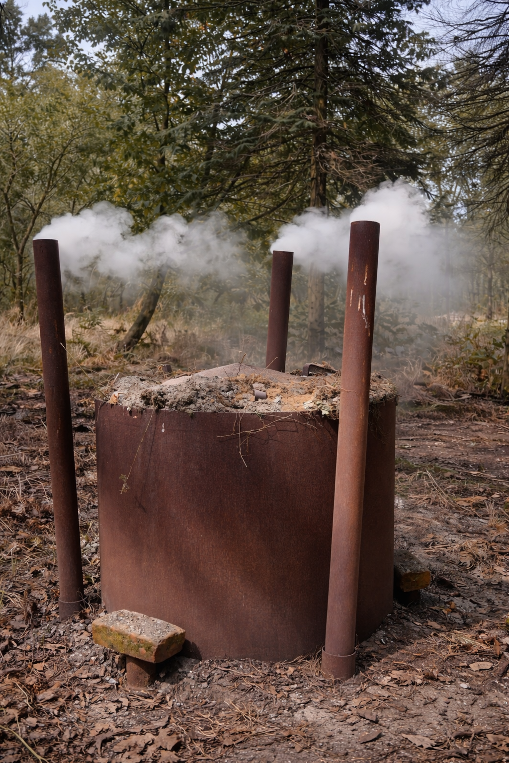 An outdoor iron furnace or kiln emitting white smoke in a forest setting with trees and dry leaves on the ground.