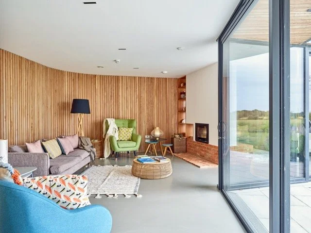 Modern living room with a gray sofa, a blue armchair, a green armchair, and a wooden accent wall. There is a glass sliding door leading outside, a small fireplace, and various lamps and decorative pillows.