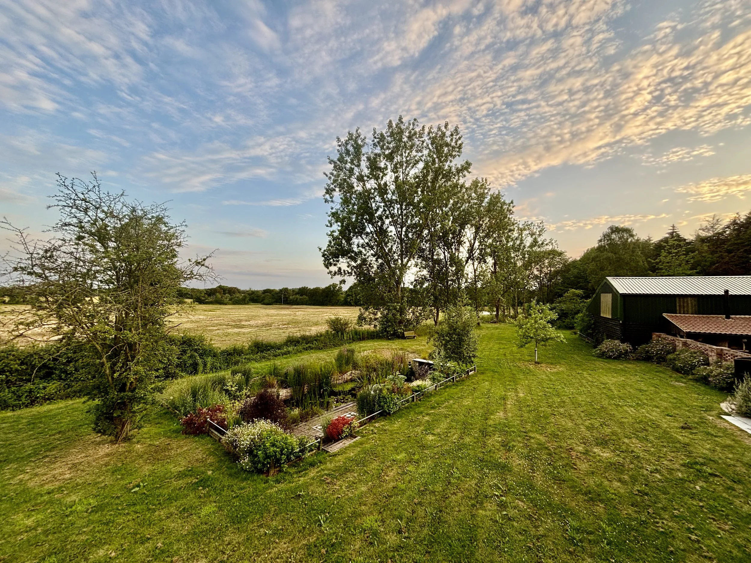 A scenic countryside landscape with a vibrant green lawn, a vegetable garden, tall trees, a barn, and a sunset sky with scattered clouds.