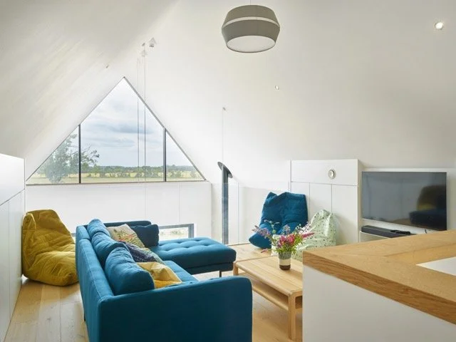 Living room with a triangular window, a blue sofa, yellow and gray chairs, a wooden coffee table with a flower vase, and a television.