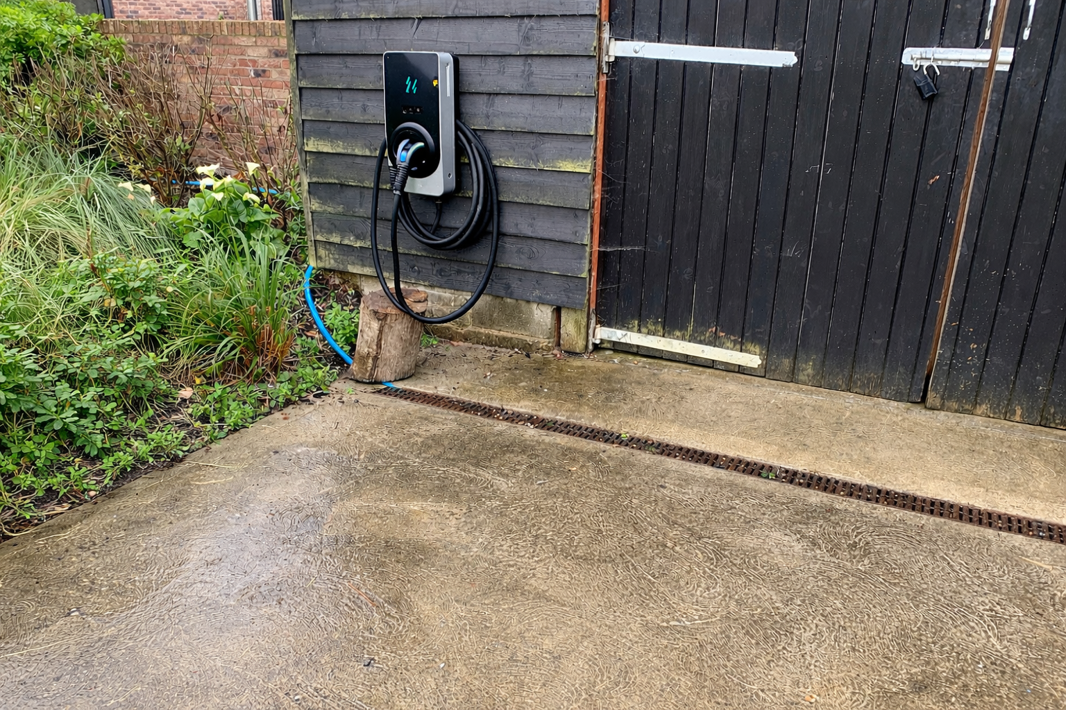 An outdoor scene showing a black car charging station mounted on a wooden wall, with a charging cable hanging. There's a blue hose on a log to the left and a wooden log on the ground. The ground appears wet, and a black wooden gate with a padlock is nearby. Green plants are on the left side.