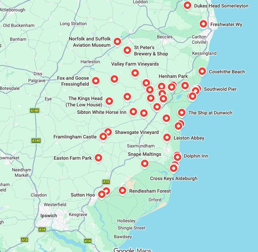 Map of southeastern England showing various landmarks and locations marked with red pins, including Southwold Pier, Covehithe Beach, and Dunwich.