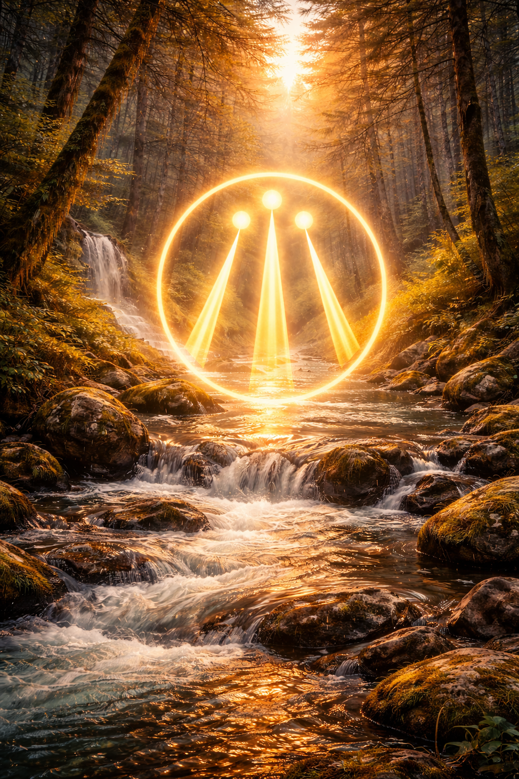 A river flowing through a dense forest with tall trees during sunset, overlaid with a glowing neon Awen symbol with three dots and lines. Druidry scene.