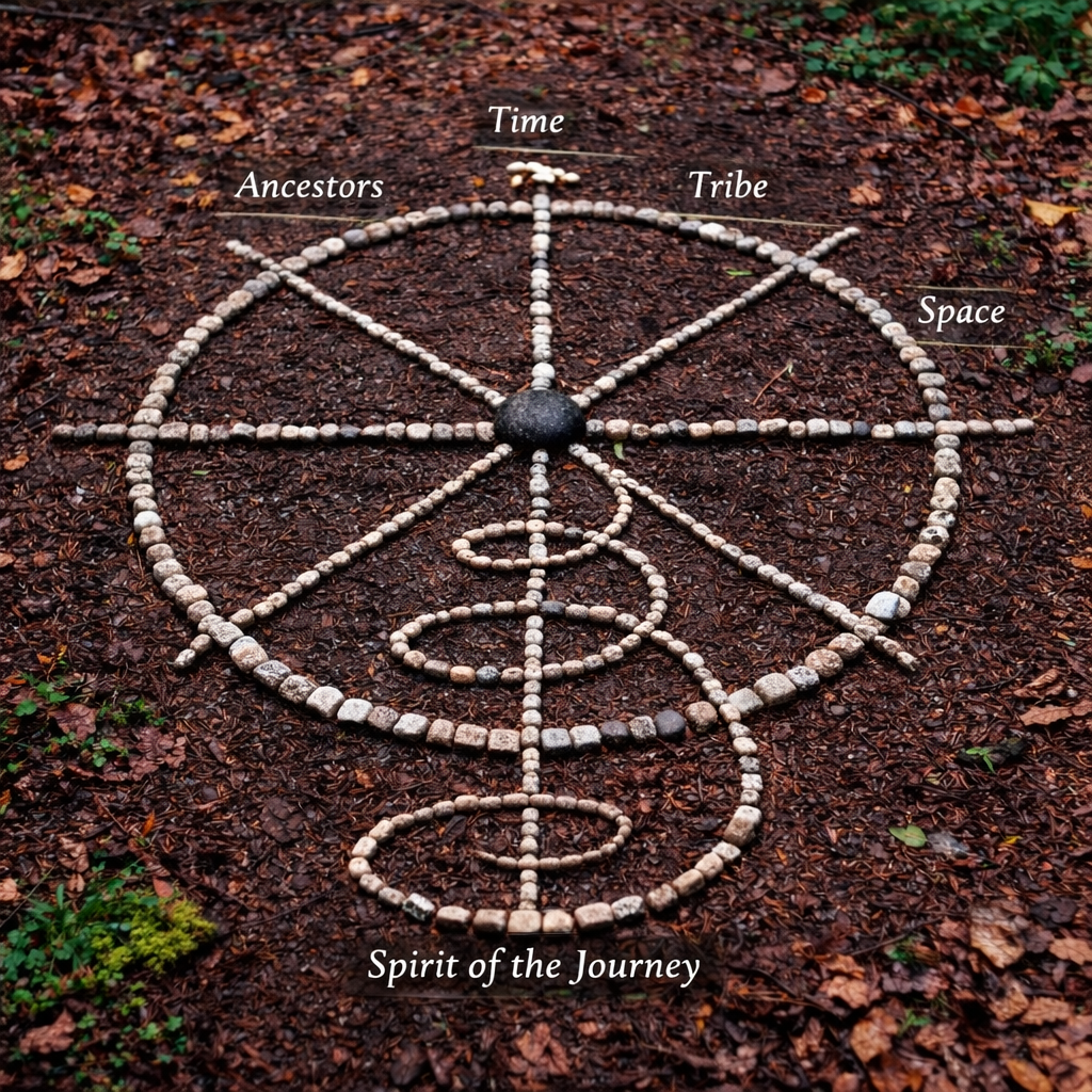 A symbol made of pebbles on the ground, representing a circle with labeled segments: Time at the top, Tribe on the right, Space on the far right, Ancestors on the upper left, Spirit of the Journey at the bottom, with various concentric circles and lines connecting these sections.