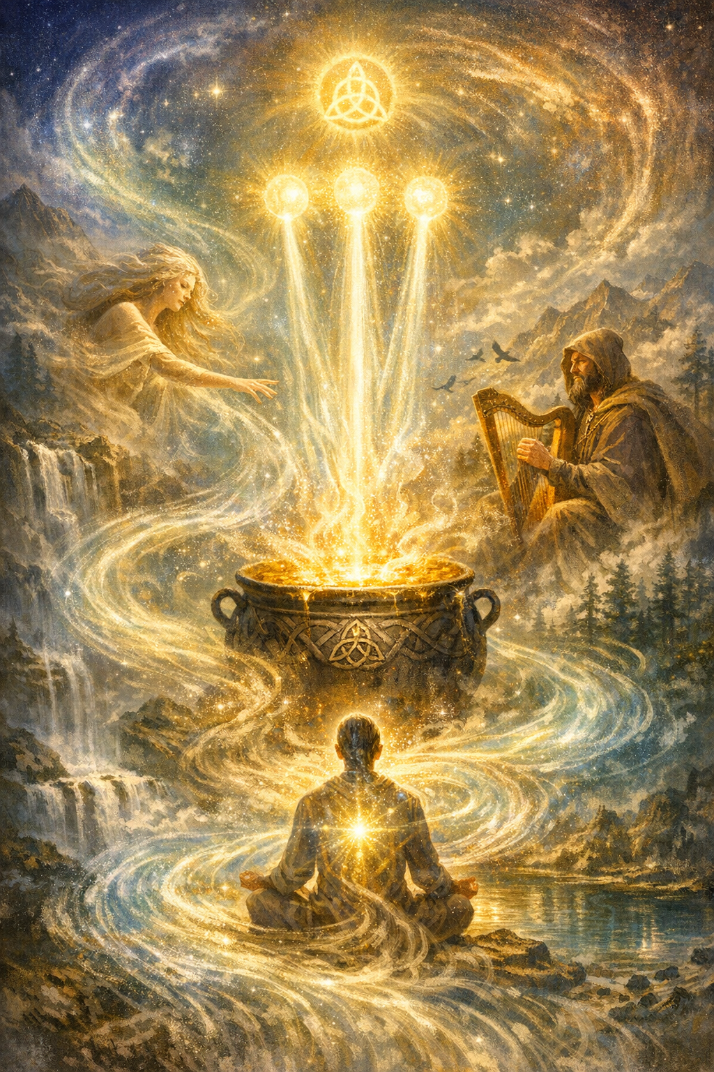 A fantasy scene depicting a person meditating by a river, with mystical golden light flowing upward into the sky. A woman reaching out from the clouds and a man playing a harp are present, with celestial symbols and glowing orbs above. Mountain and waterfall background.