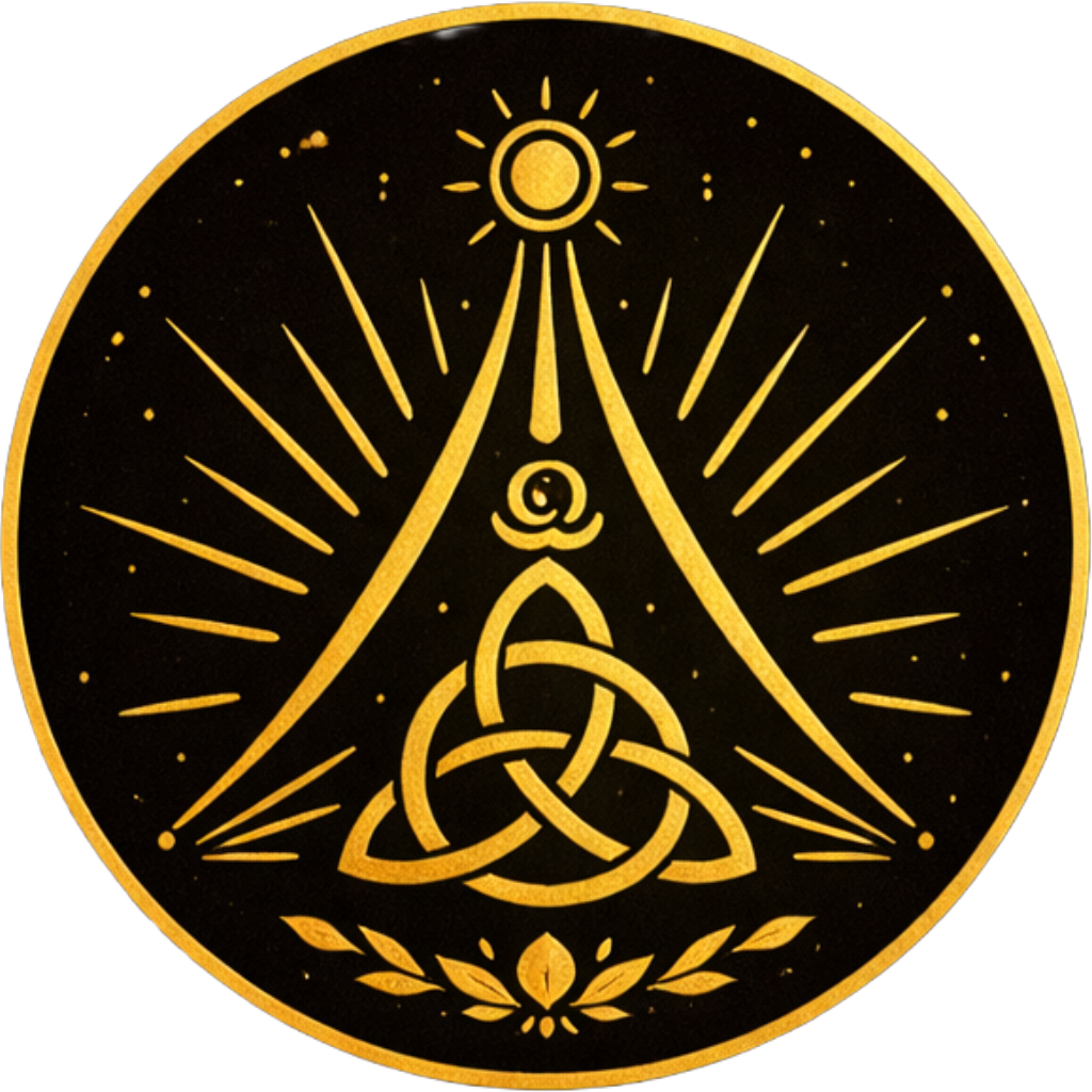 A gold geometric design featuring a sun at the top, radiating lines, and a central tribal knot pattern surrounded by olive branches, on a black background.