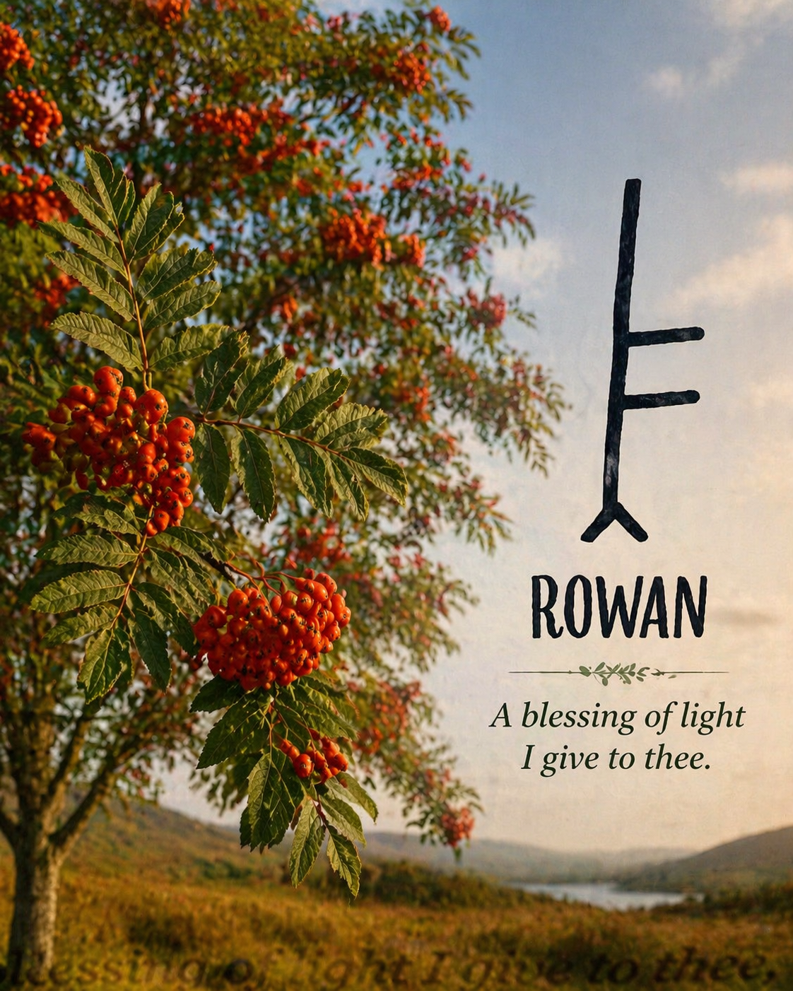 A scenic landscape of a Rowan tree with red berries and green leaves, with mountains and a river in the background. Overlayed on the image is a black t-shaped symbol, the word 'ROWAN', and the phrase 'A blessing of light I give to thee.'