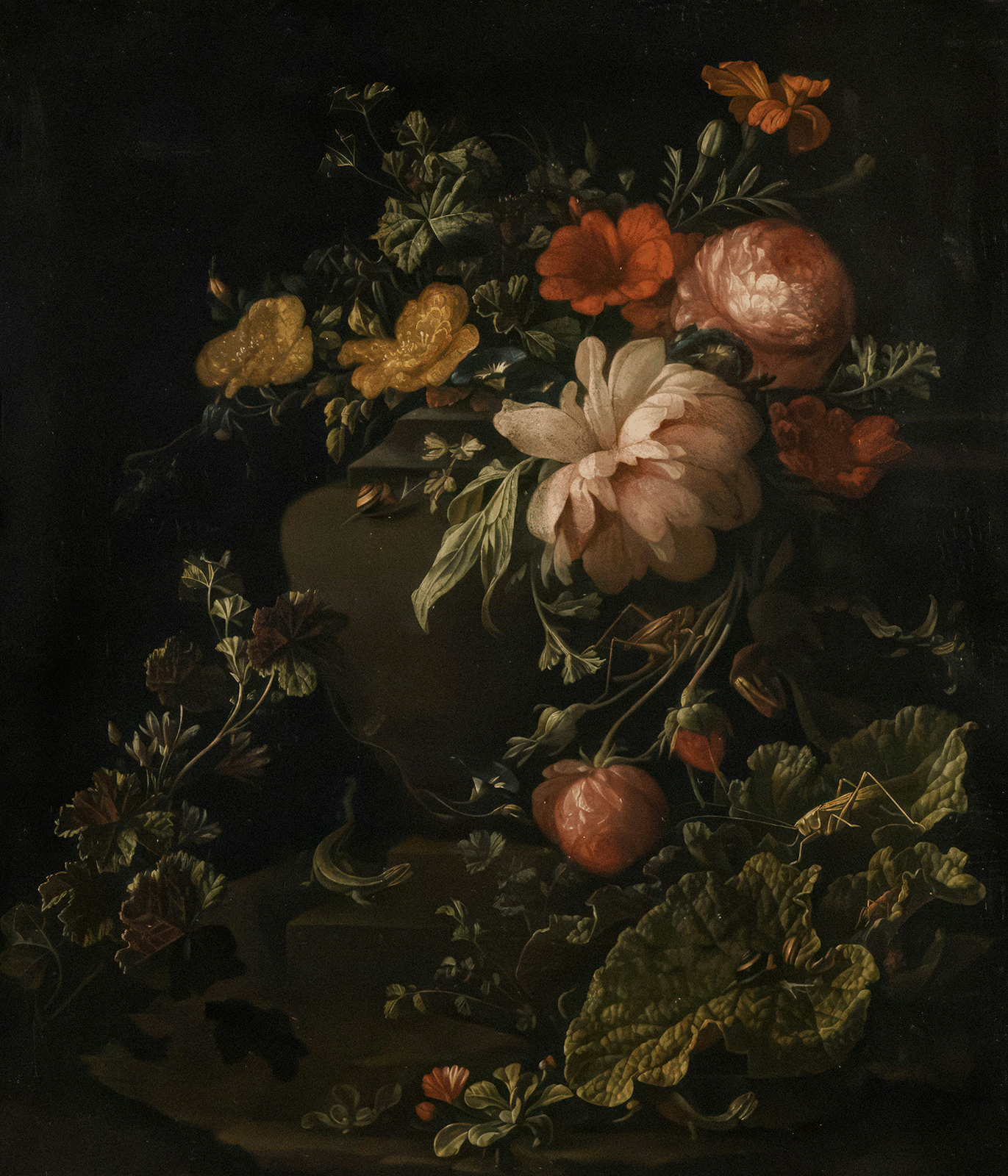 Classical painting of a vase of flowers