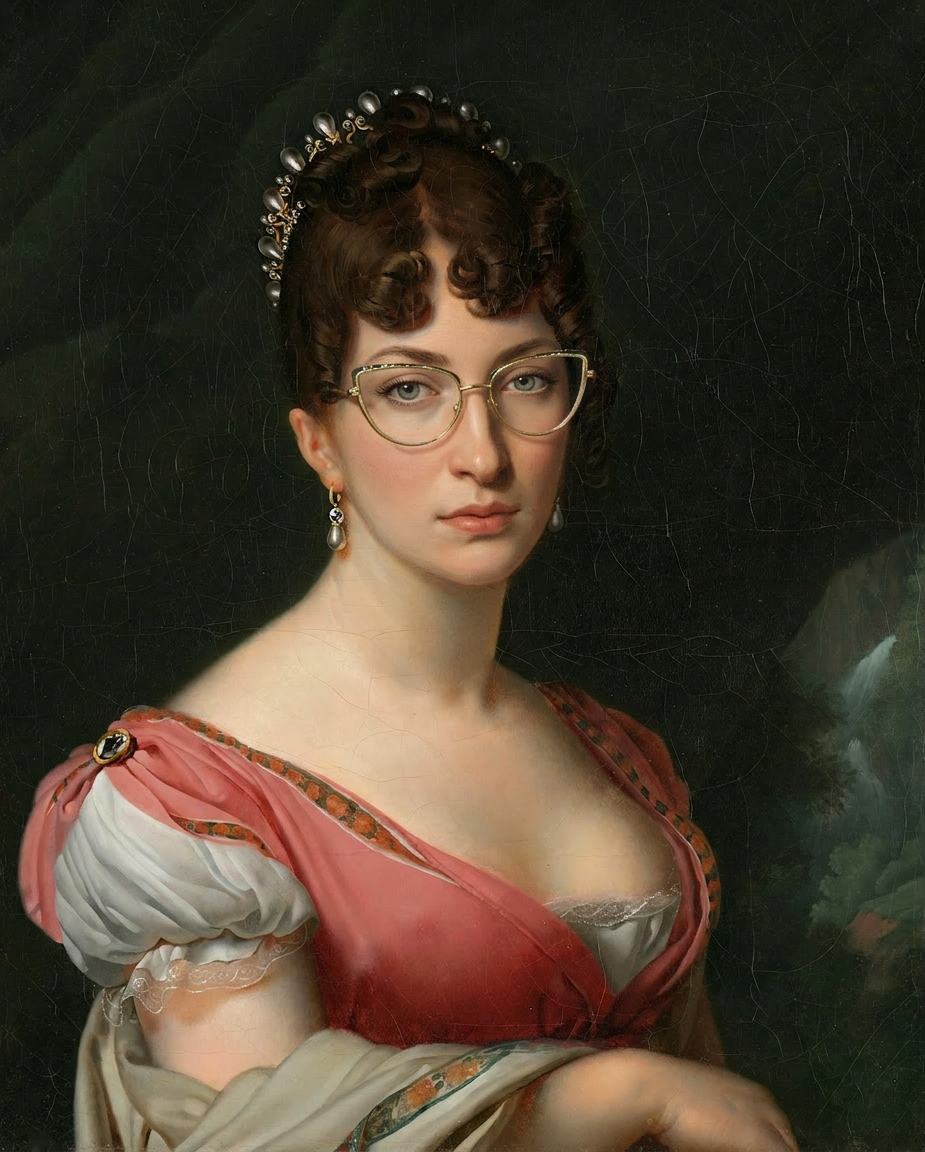 A woman dressed in Victorian style, with glasses, pearl earrings, and a decorative hairpiece, wearing a pink and white gown with intricate details, against a dark background.