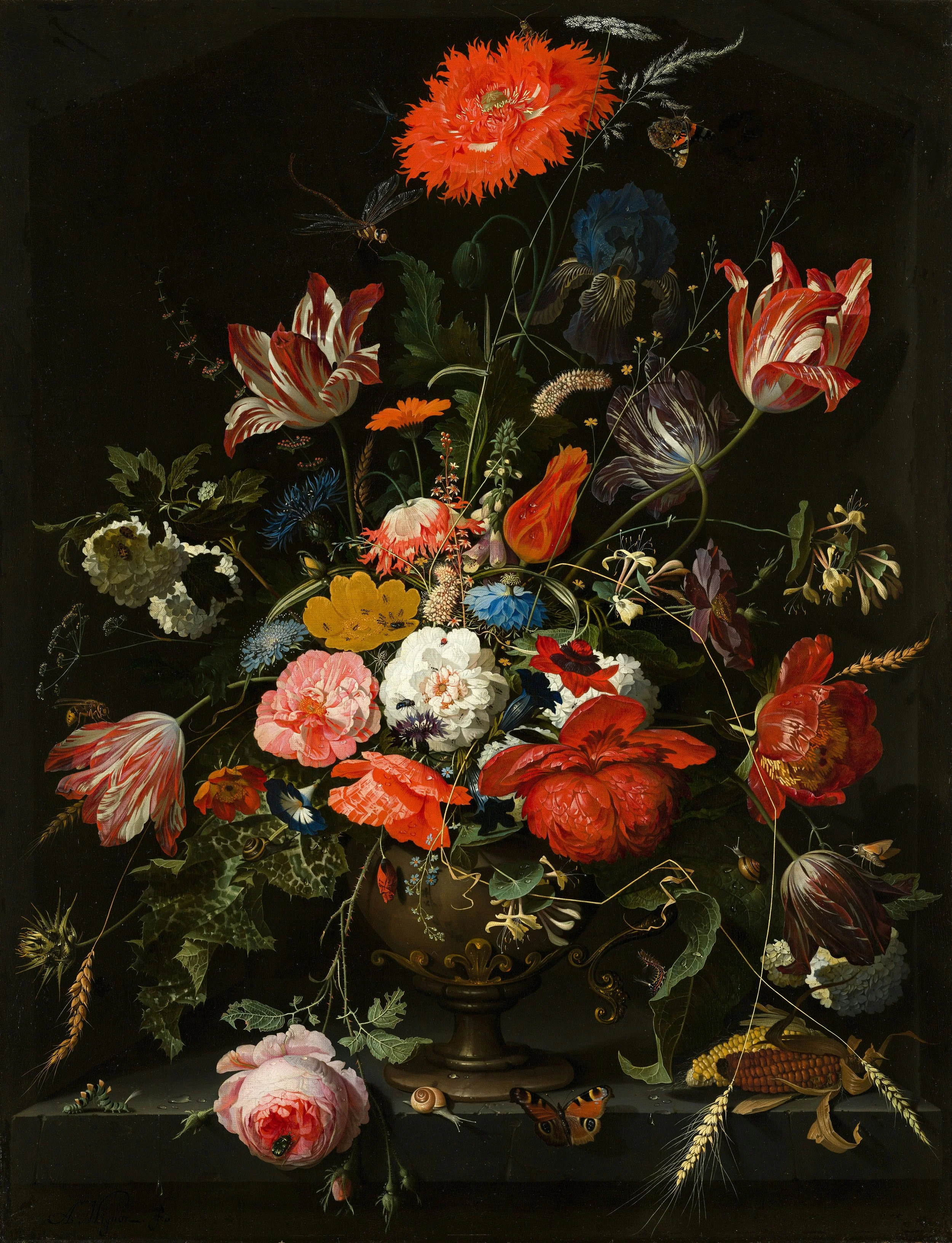 A detailed still-life painting of a floral bouquet with various colorful flowers, insects, and butterflies set against a black background.