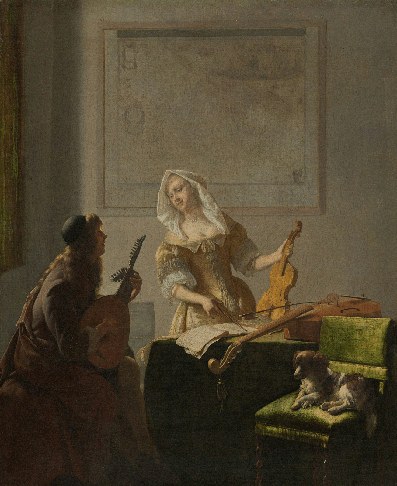 Classical painting of two people playing musical instruments