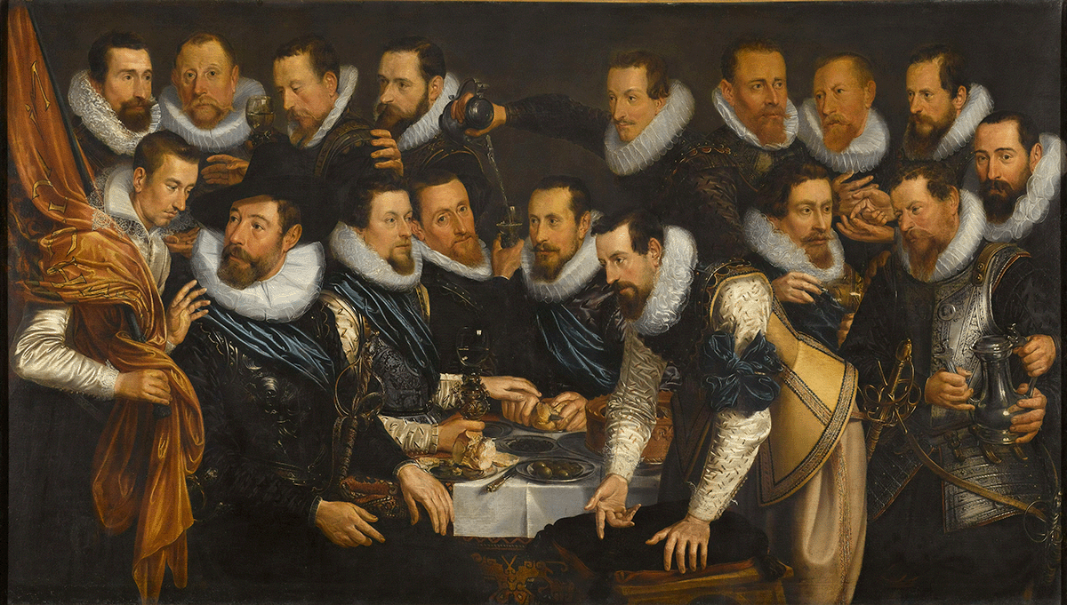Classical painting of a group of man talking