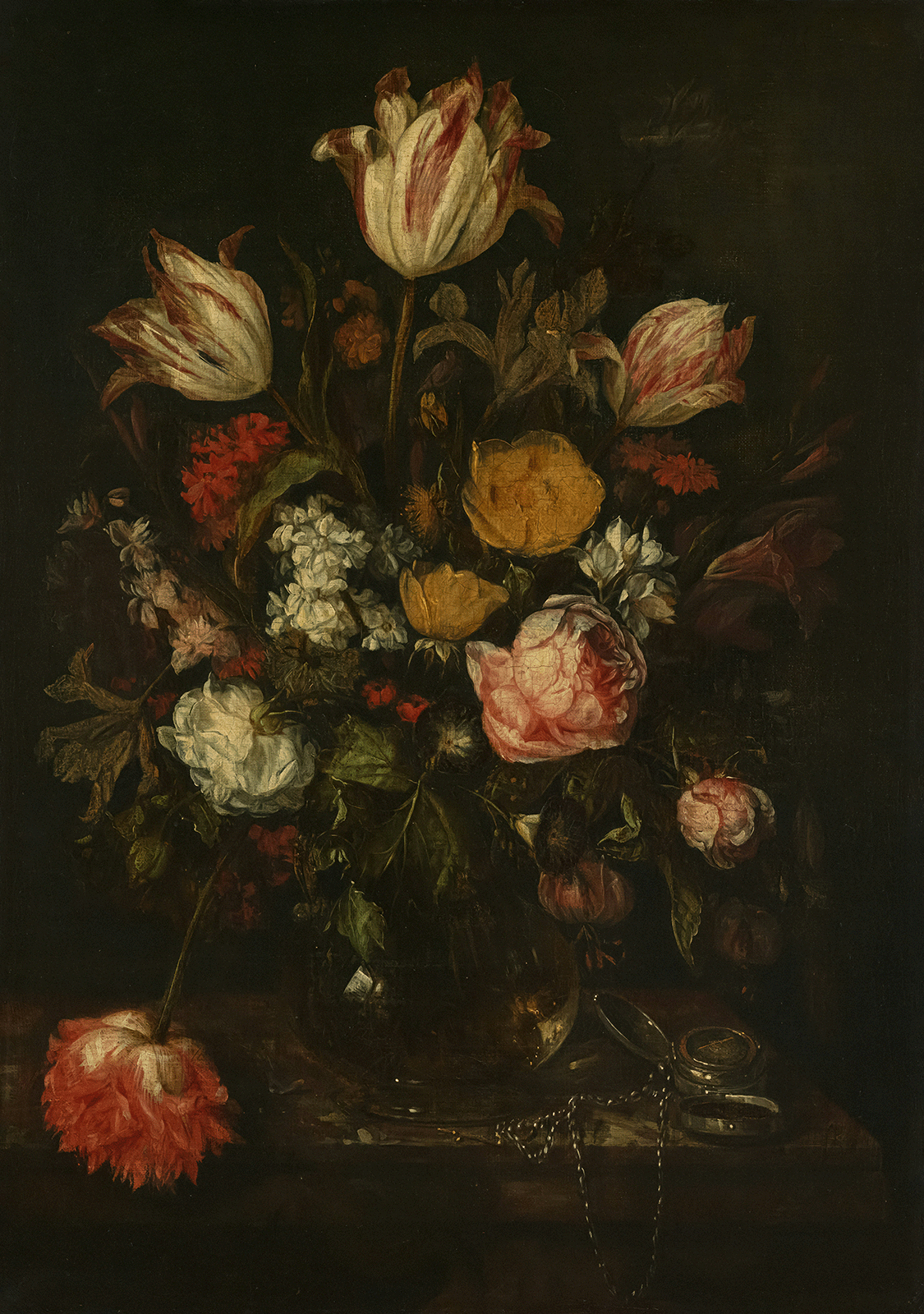 Classical painting of a vase of flowers