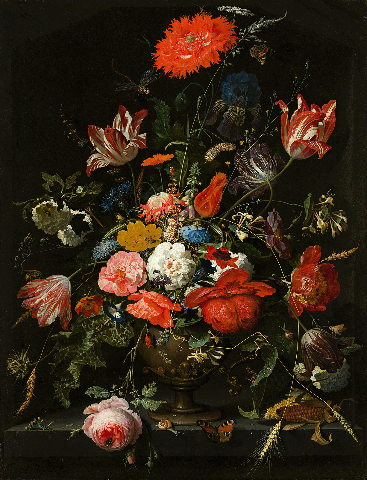 Classical painting of a vase of flowers