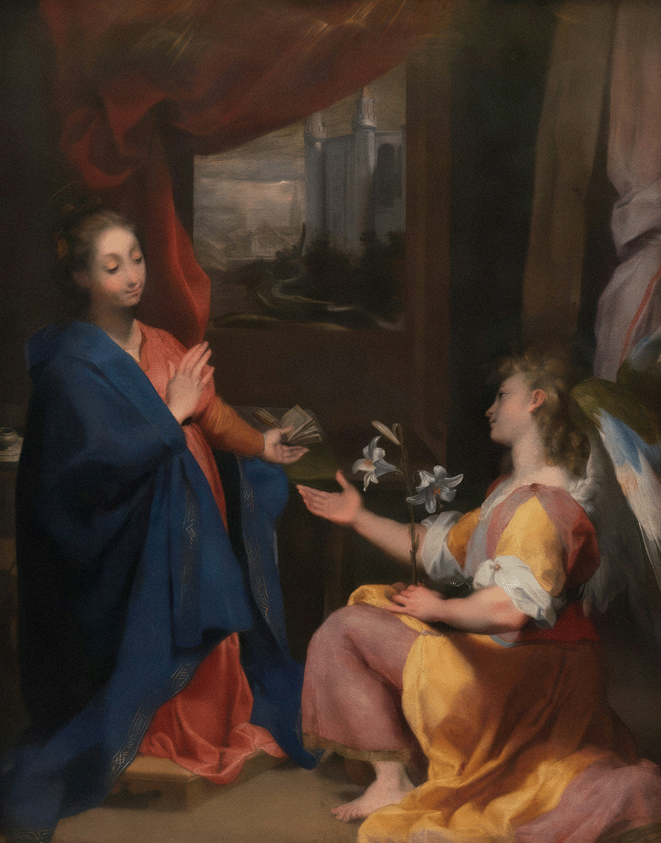 Classical painting of 2 women conversing