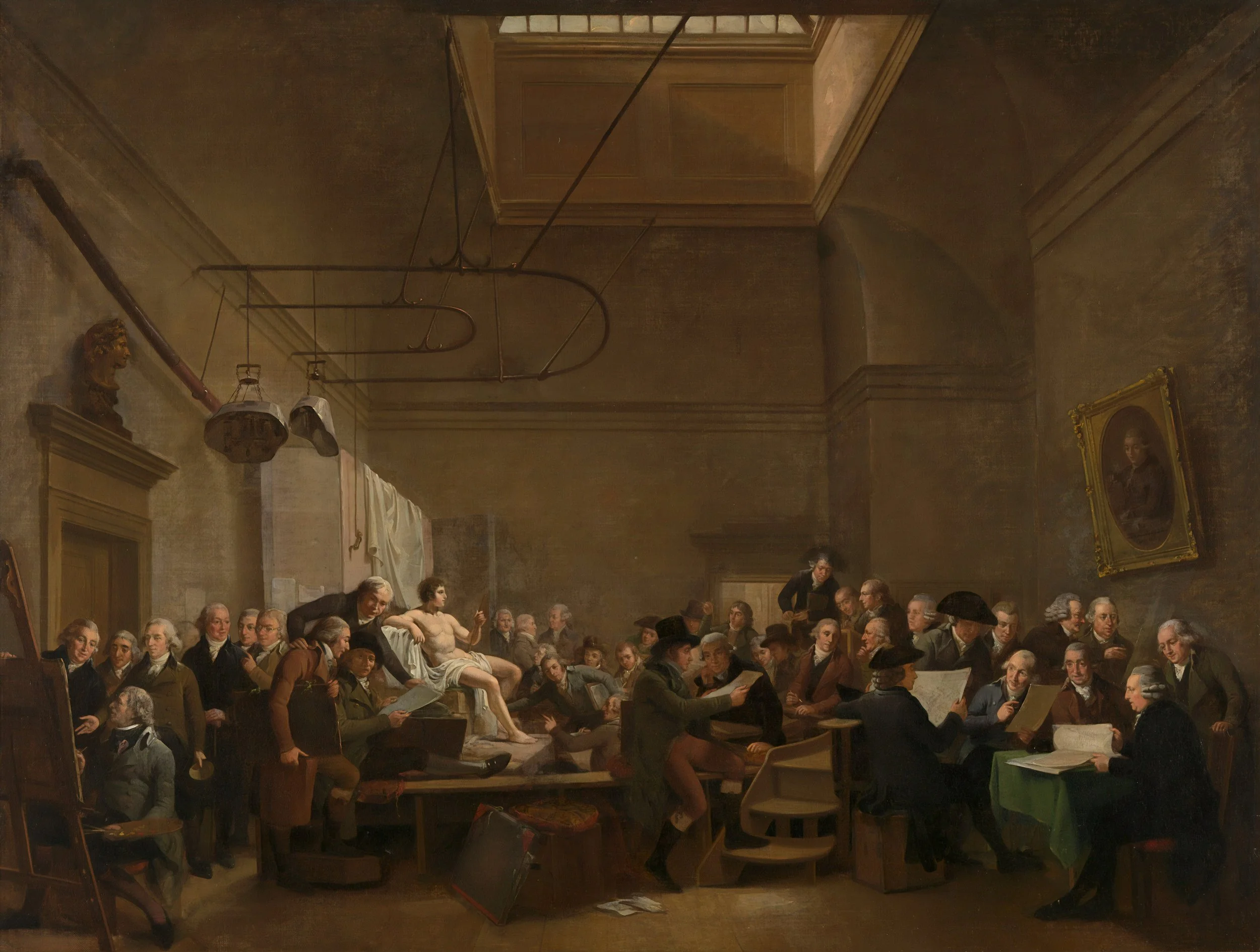 An oil painting depicting a meeting or debate among many men in 18th-century attire, with some seated around a table and one man lying on a couch, in a large room with high ceilings, a portrait on the wall, and various objects hanging from the ceiling.