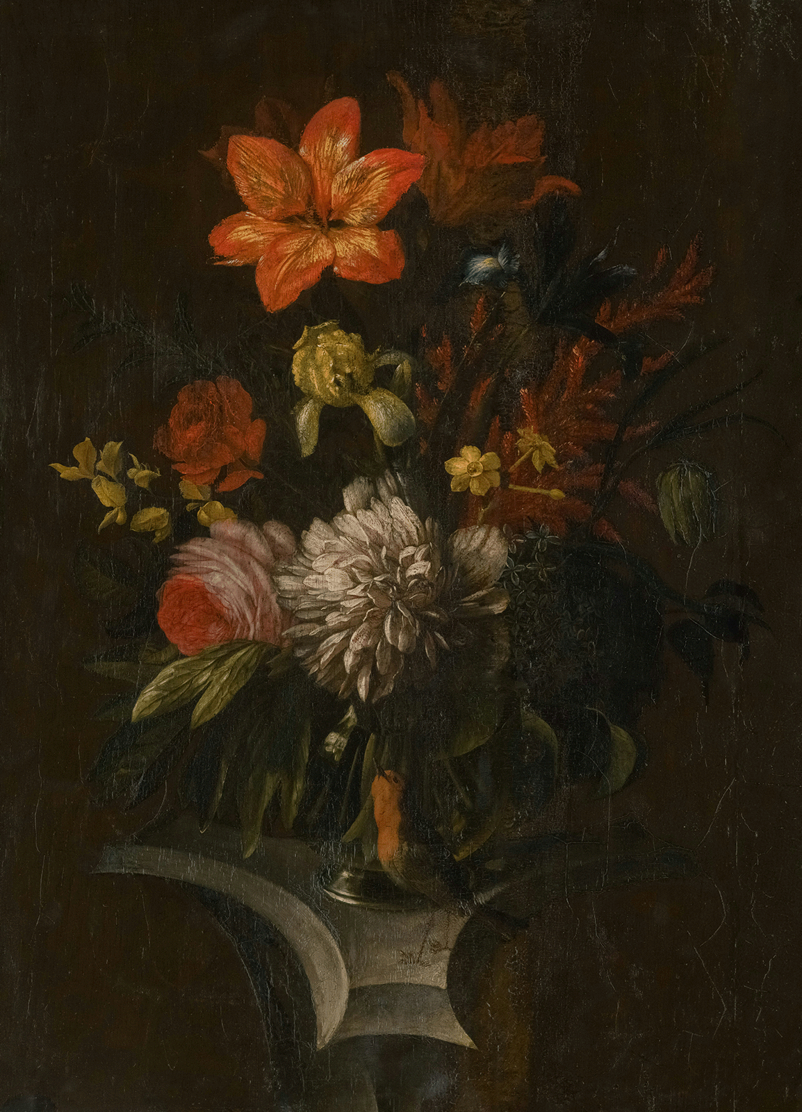 Classical painting of a vase of flowers