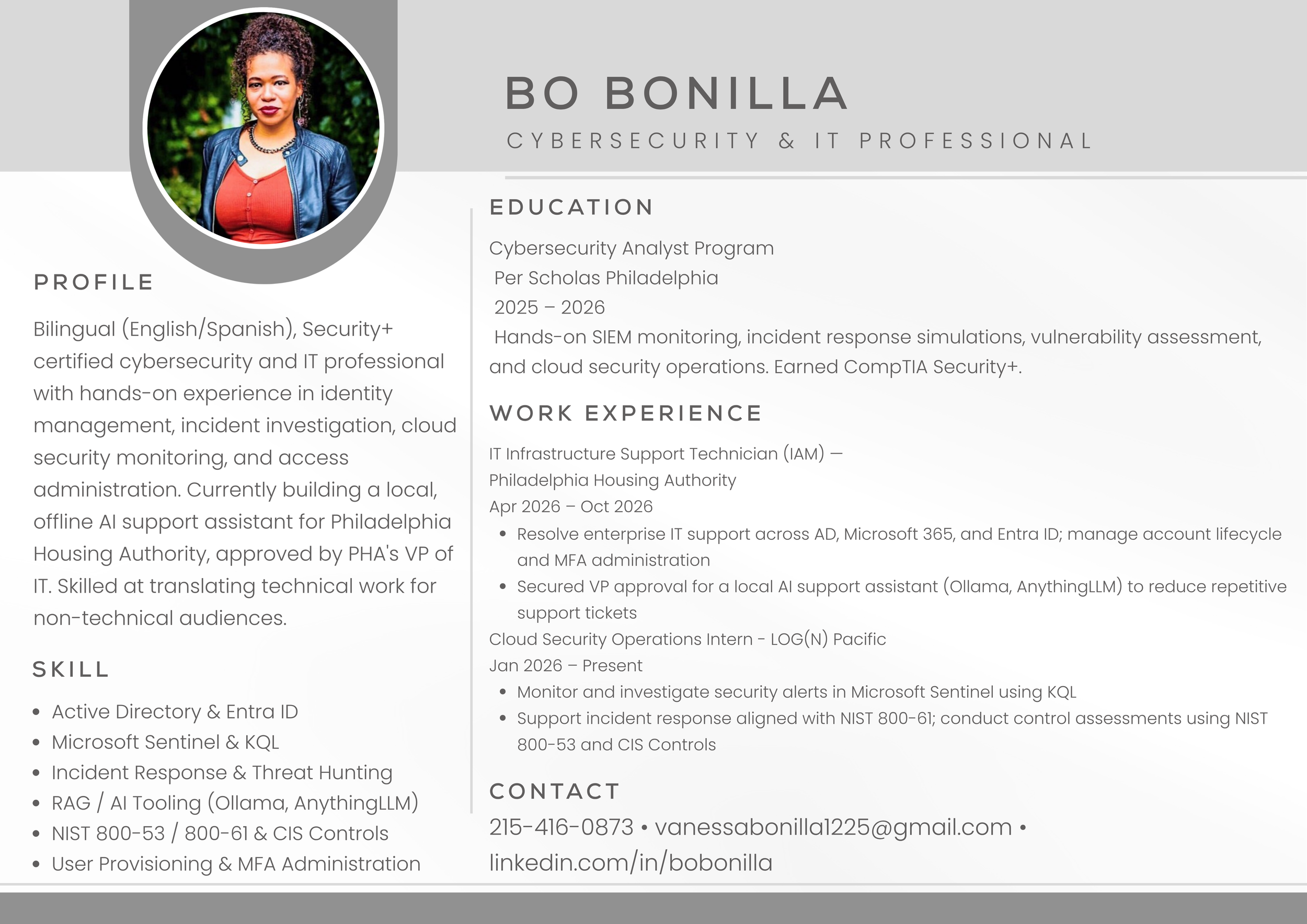 Bo Bonilla, cybersecurity and IT professional based in Philadelphia, Resume