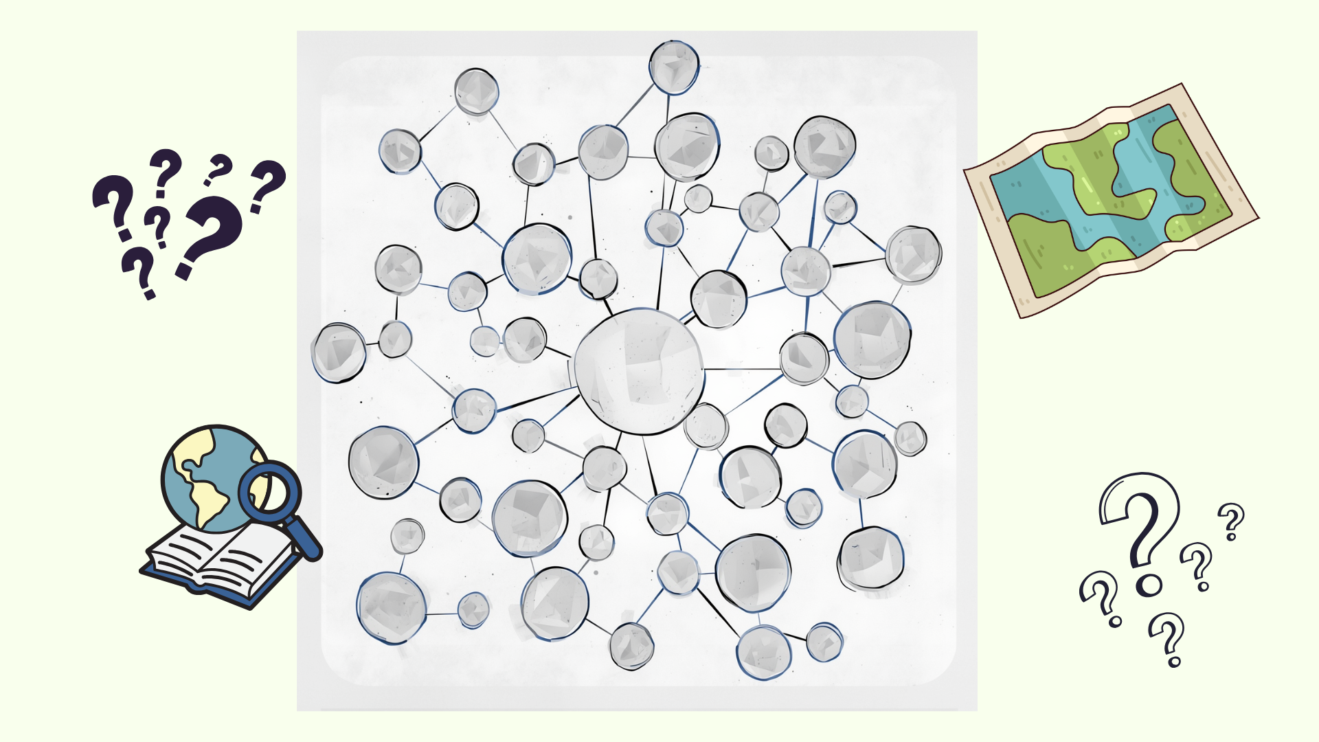 Illustration of a molecular structure with interconnected spherical molecules, accompanied by illustrations of question marks, a globe with a magnifying glass, a map, and a book with a magnifying glass.