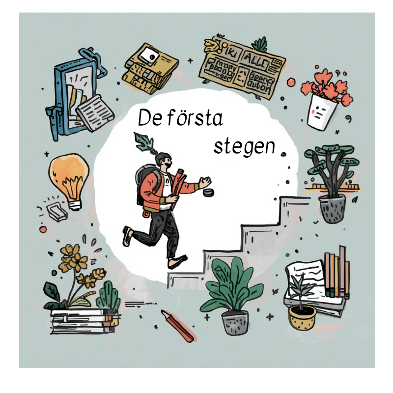 Illustration of a person climbing stairs holding books, surrounded by books, plants, a lightbulb, writing tools, and stationery, with Swedish text "De första stegen" meaning "The first steps".