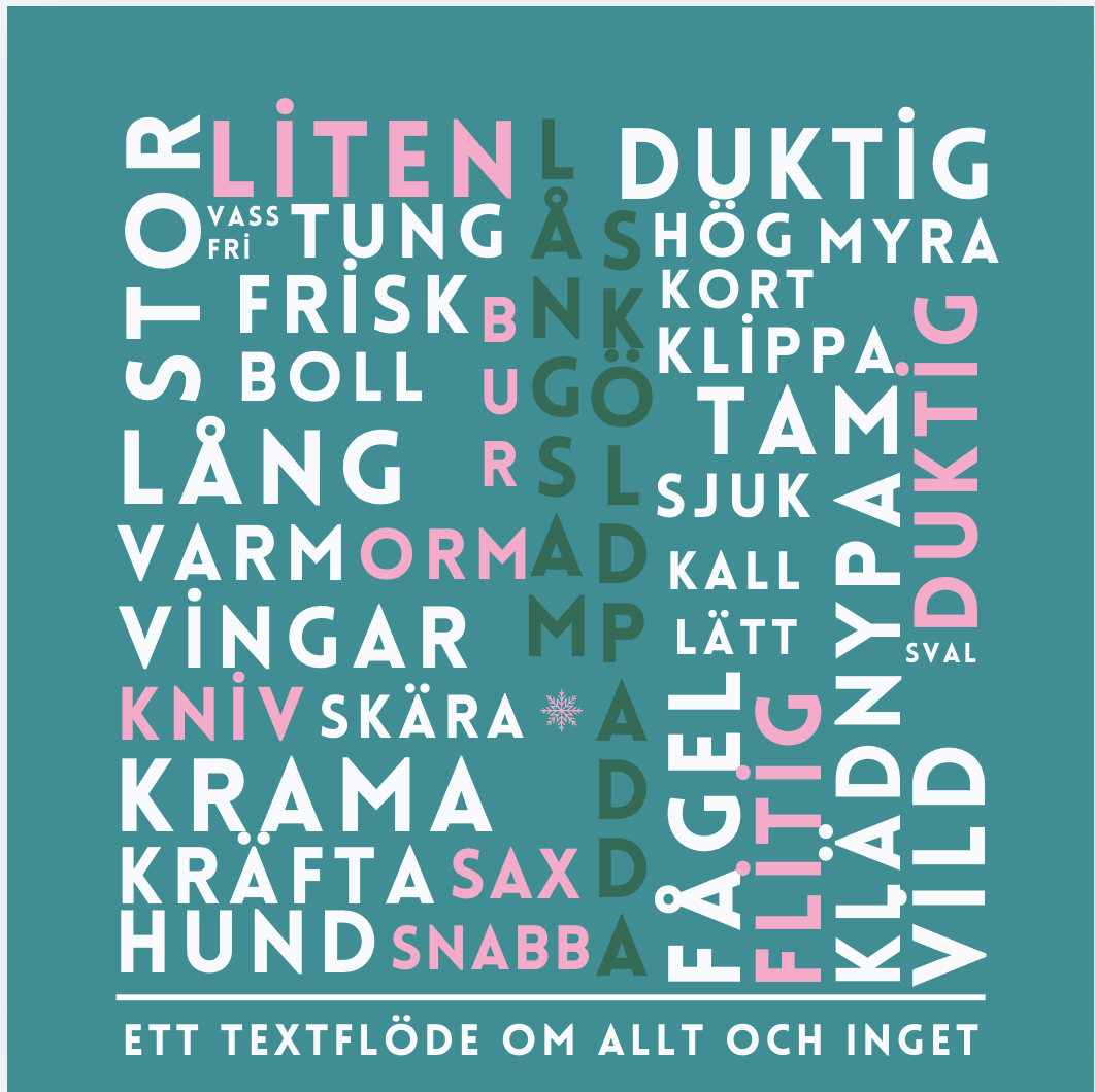 Colorful Swedish word cloud with words related to food and qualities, with a Swedish phrase at the bottom that reads 'A text collage about everything and nothing'.